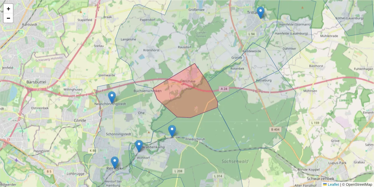 Karte des Postleitzahlen Bereichs  und der umliegenden Postleitzahlen in Deutschland