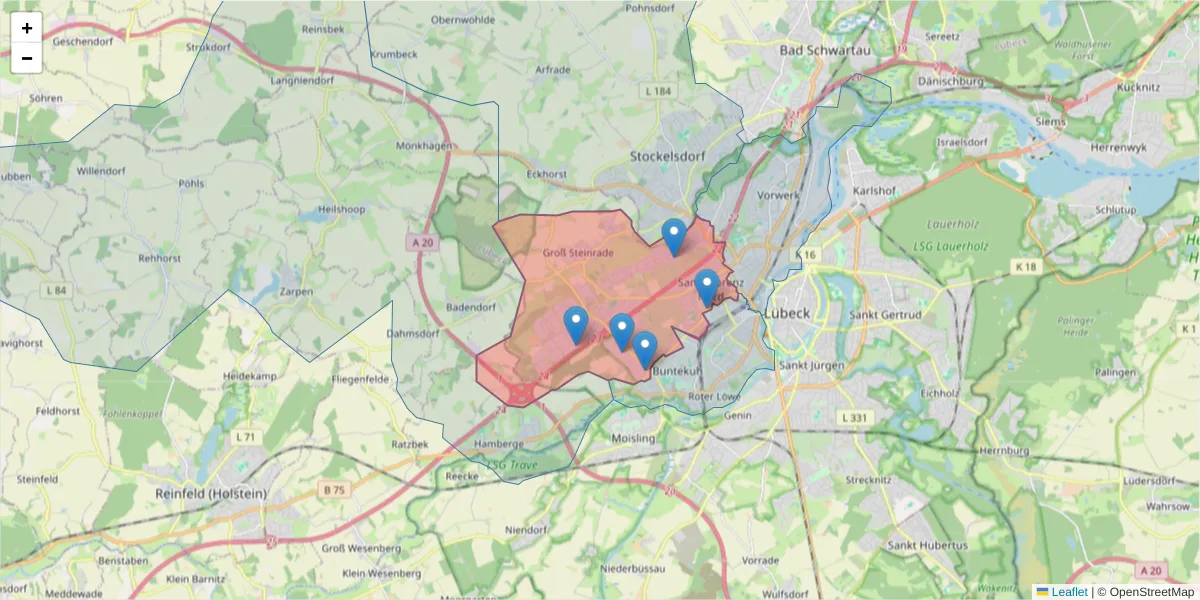 Karte des Postleitzahlen Bereichs  und der umliegenden Postleitzahlen in Deutschland