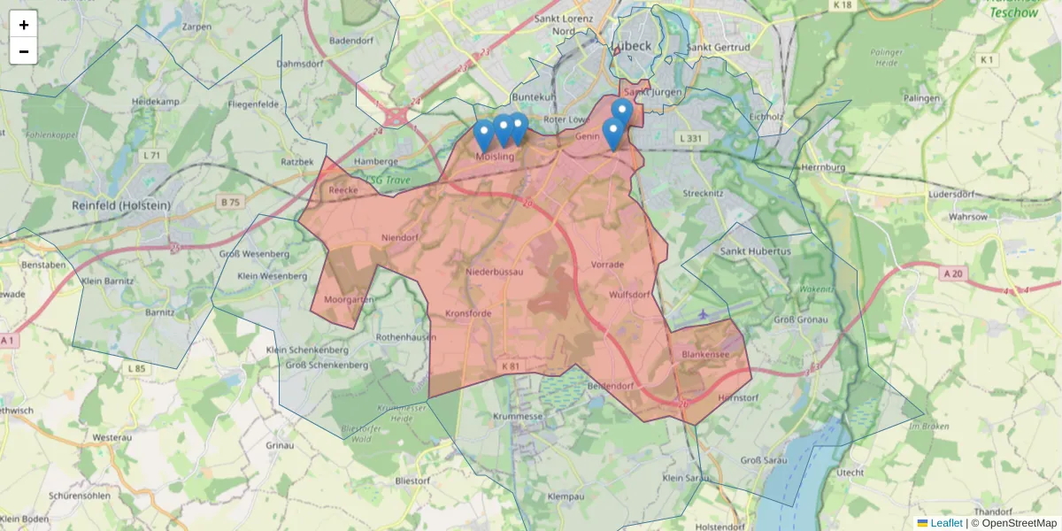 Karte des Postleitzahlen Bereichs  und der umliegenden Postleitzahlen in Deutschland
