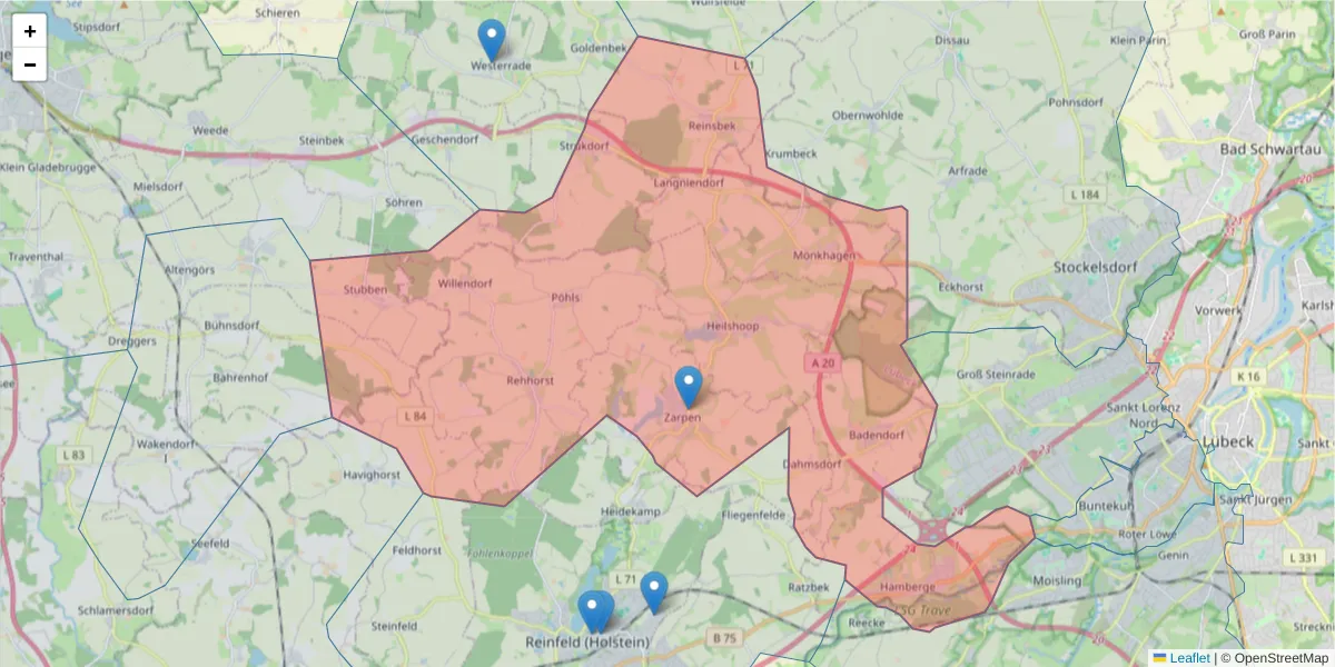 Karte des Postleitzahlen Bereichs  und der umliegenden Postleitzahlen in Deutschland