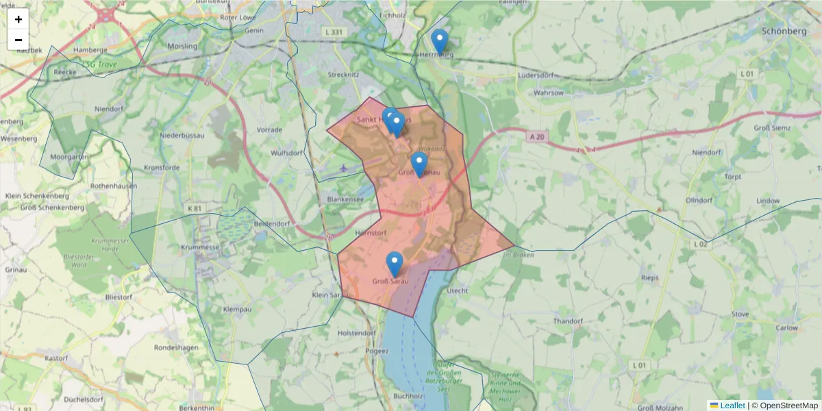 Karte des Postleitzahlen Bereichs  und der umliegenden Postleitzahlen in Deutschland