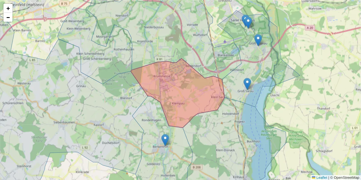Karte des Postleitzahlen Bereichs  und der umliegenden Postleitzahlen in Deutschland