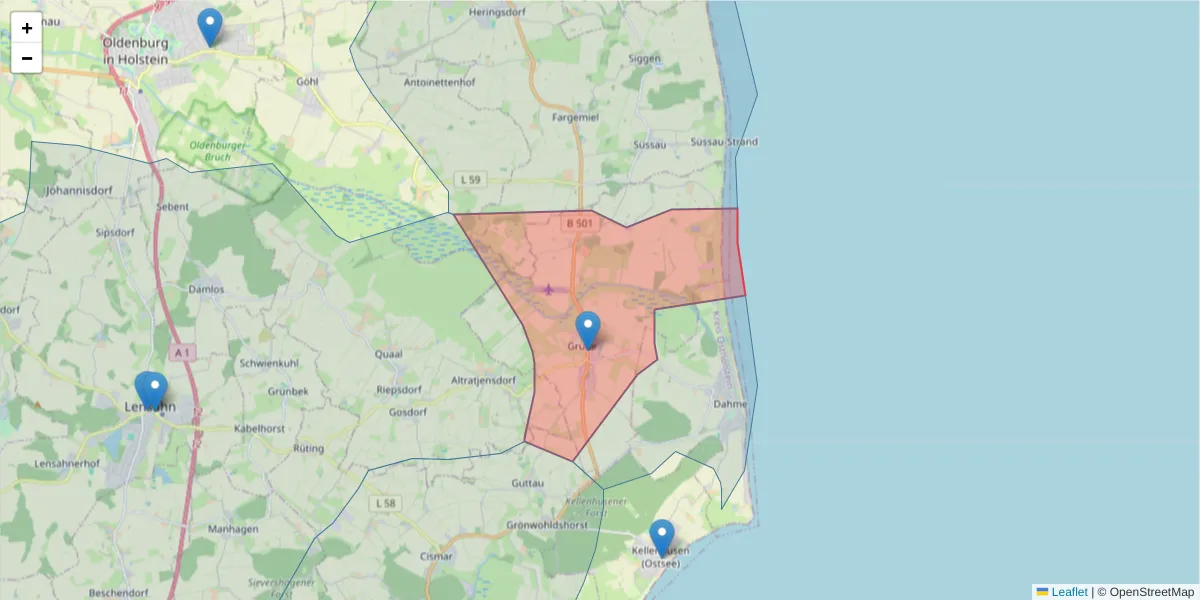 Karte des Postleitzahlen Bereichs  und der umliegenden Postleitzahlen in Deutschland