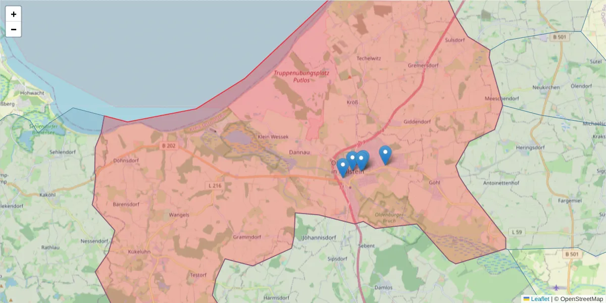 Karte des Postleitzahlen Bereichs  und der umliegenden Postleitzahlen in Deutschland