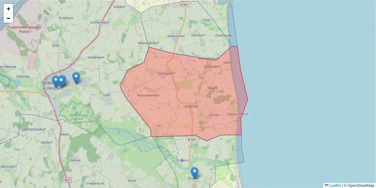 Karte des Postleitzahlen Bereichs  und der umliegenden Postleitzahlen in Deutschland