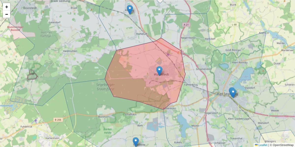 Karte des Postleitzahlen Bereichs  und der umliegenden Postleitzahlen in Deutschland