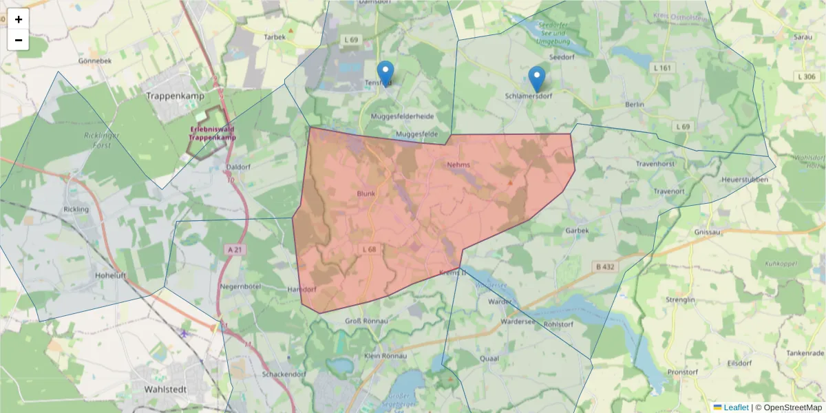 Karte des Postleitzahlen Bereichs  und der umliegenden Postleitzahlen in Deutschland
