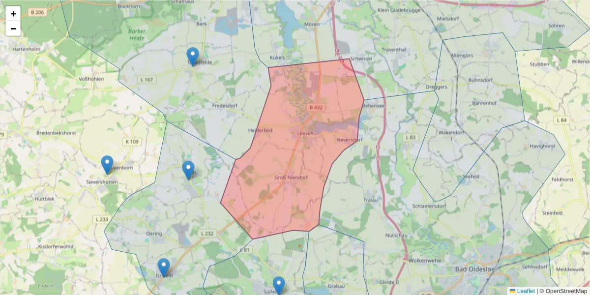 Karte des Postleitzahlen Bereichs  und der umliegenden Postleitzahlen in Deutschland