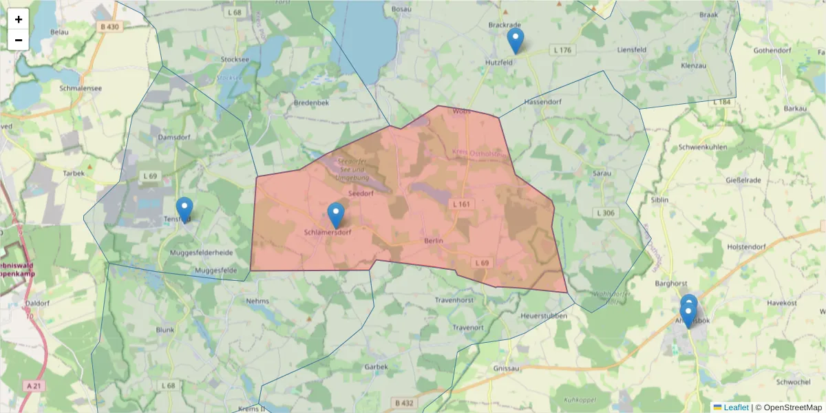Karte des Postleitzahlen Bereichs  und der umliegenden Postleitzahlen in Deutschland