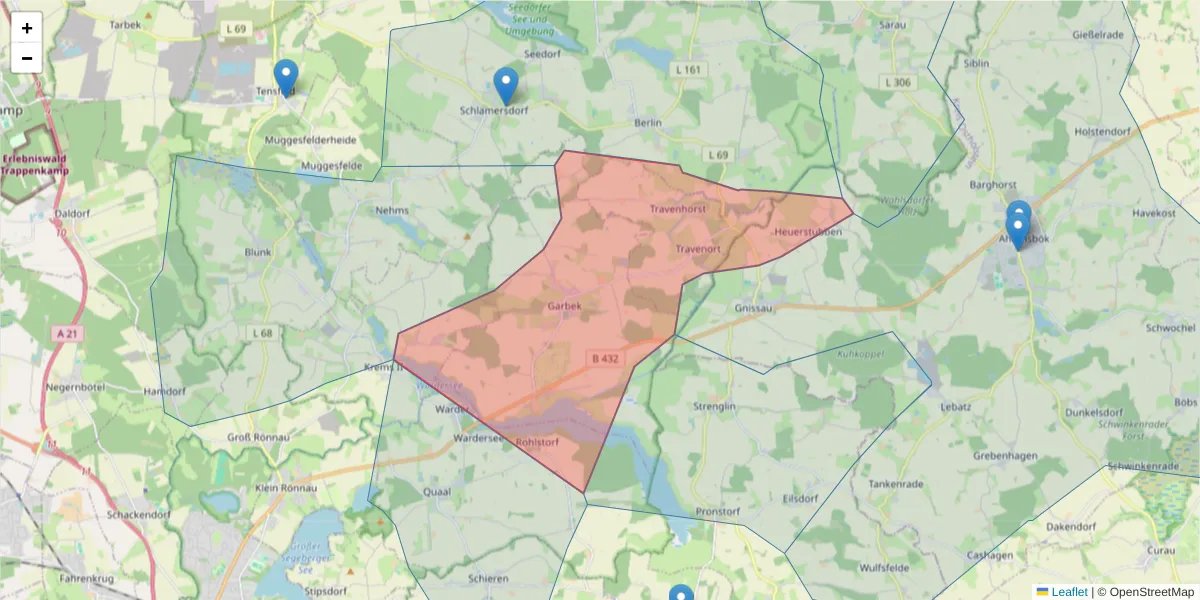 Karte des Postleitzahlen Bereichs  und der umliegenden Postleitzahlen in Deutschland