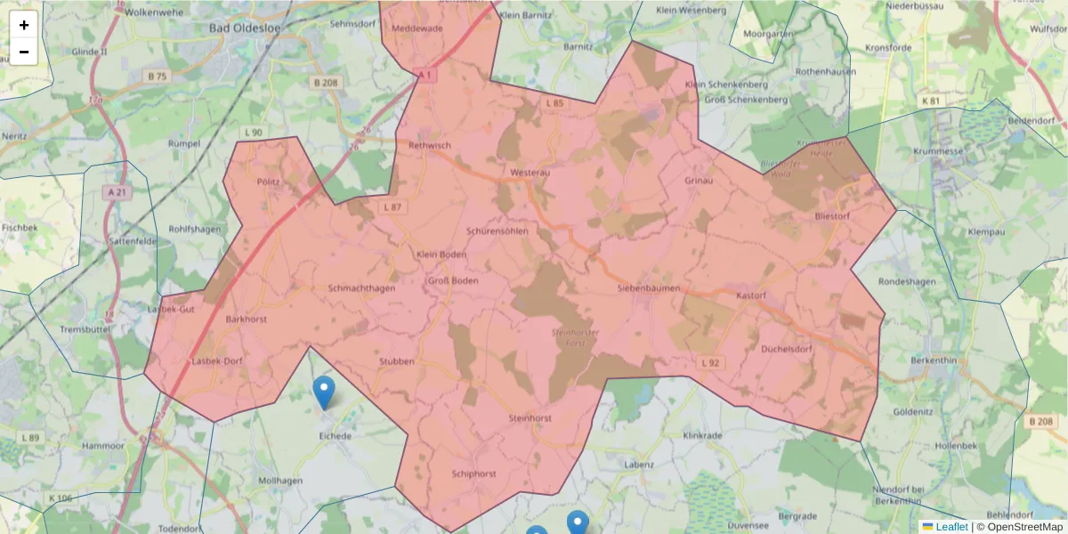 Karte des Postleitzahlen Bereichs  und der umliegenden Postleitzahlen in Deutschland