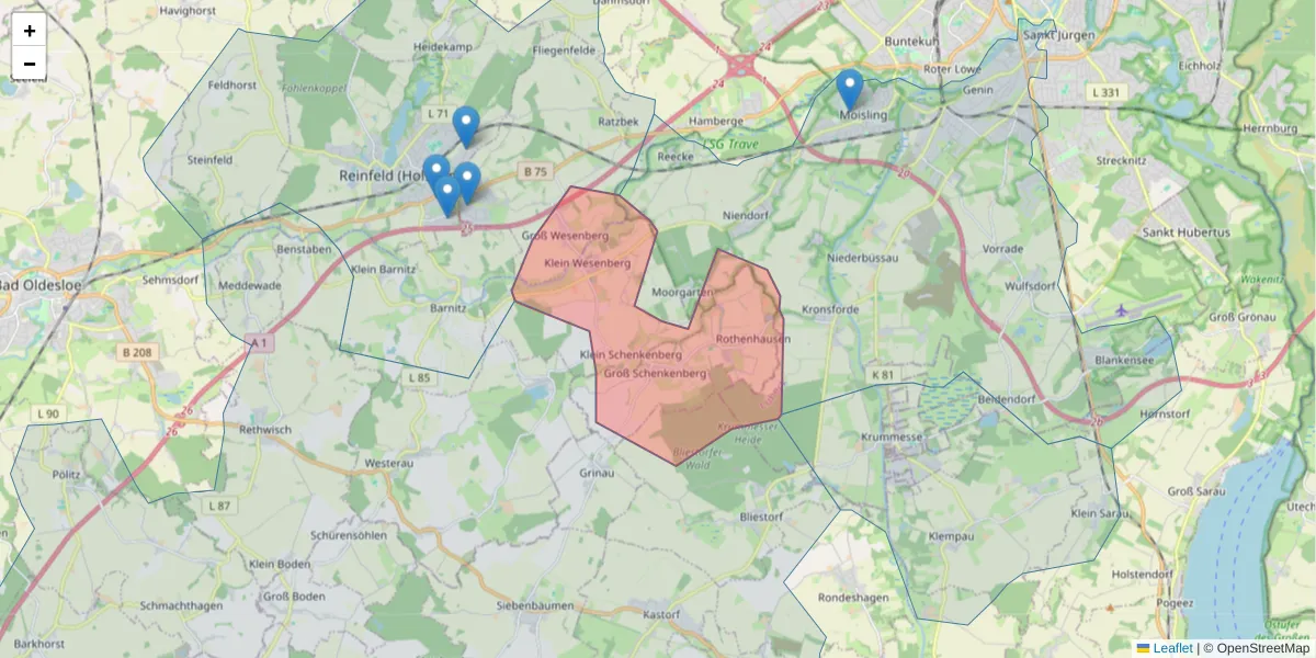 Karte des Postleitzahlen Bereichs  und der umliegenden Postleitzahlen in Deutschland