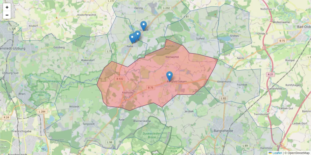 Karte des Postleitzahlen Bereichs  und der umliegenden Postleitzahlen in Deutschland
