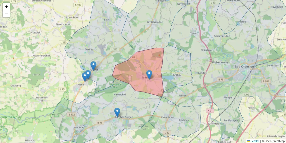 Karte des Postleitzahlen Bereichs  und der umliegenden Postleitzahlen in Deutschland