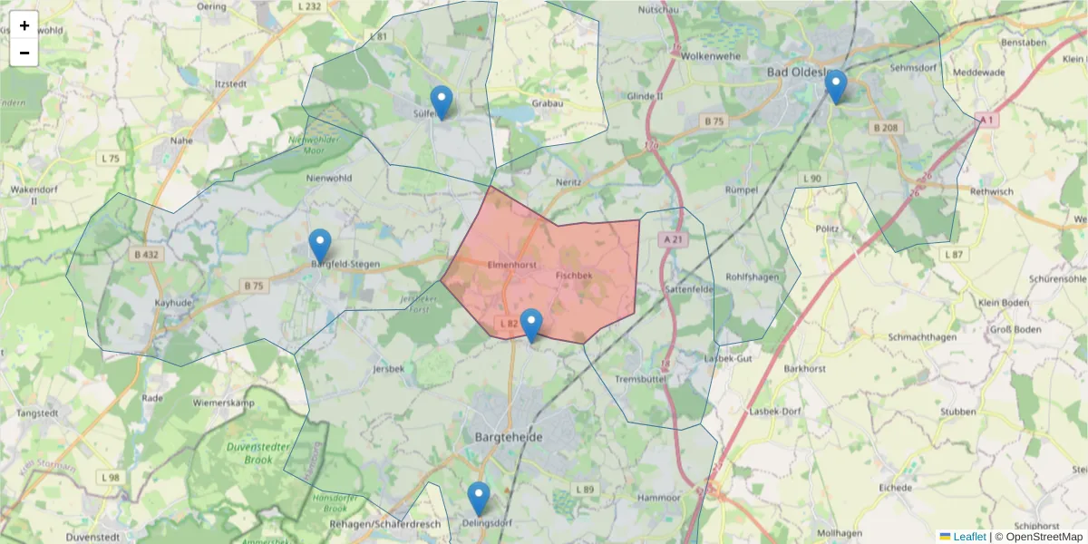 Karte des Postleitzahlen Bereichs  und der umliegenden Postleitzahlen in Deutschland