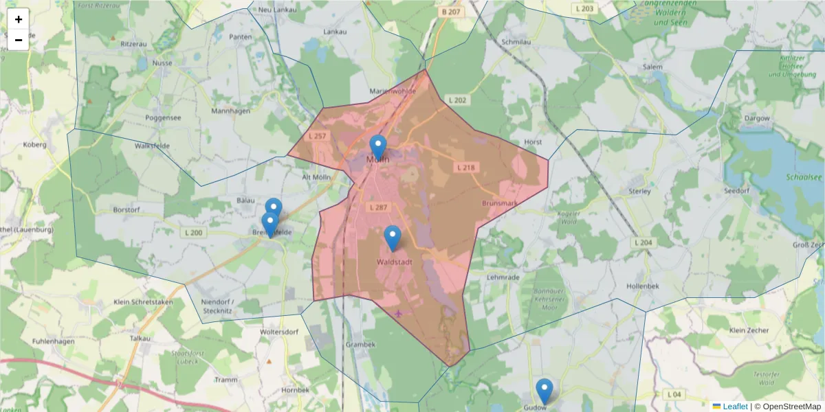 Karte des Postleitzahlen Bereichs  und der umliegenden Postleitzahlen in Deutschland