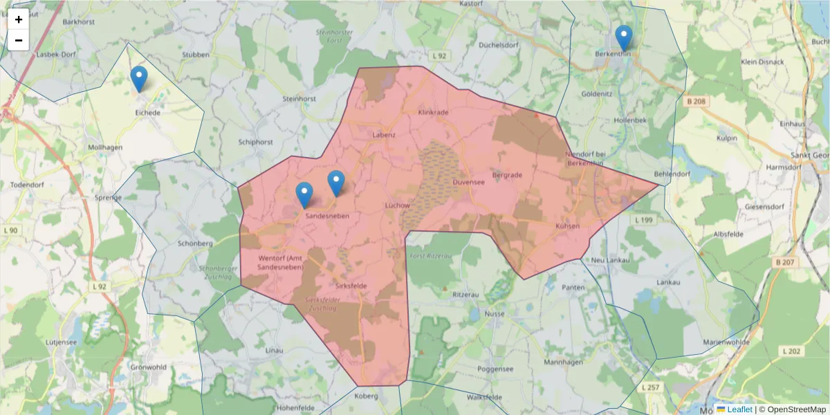 Karte des Postleitzahlen Bereichs  und der umliegenden Postleitzahlen in Deutschland