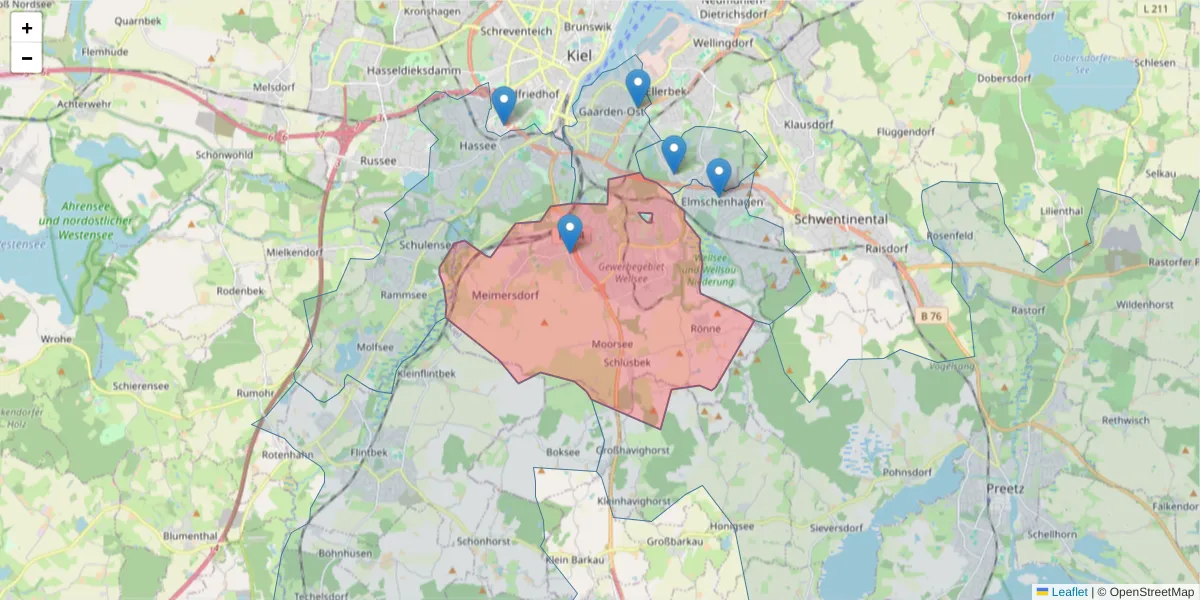 Karte des Postleitzahlen Bereichs  und der umliegenden Postleitzahlen in Deutschland
