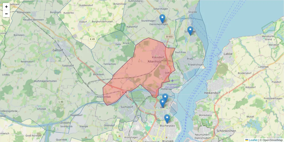 Karte des Postleitzahlen Bereichs  und der umliegenden Postleitzahlen in Deutschland