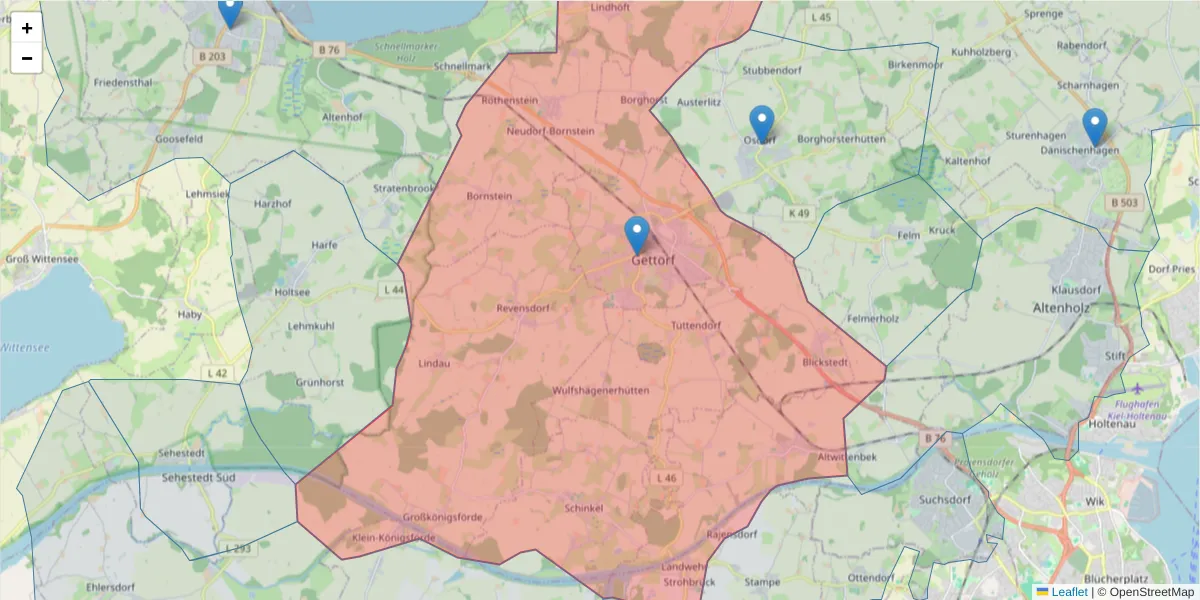 Karte des Postleitzahlen Bereichs  und der umliegenden Postleitzahlen in Deutschland