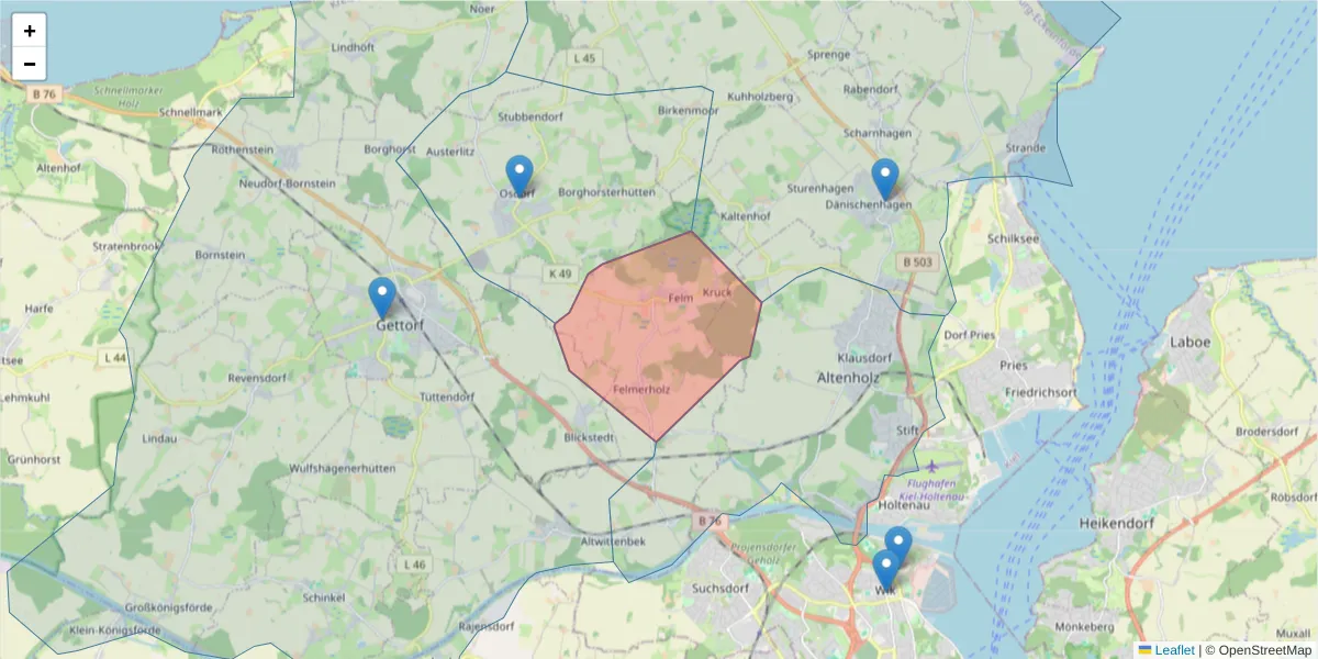 Karte des Postleitzahlen Bereichs  und der umliegenden Postleitzahlen in Deutschland