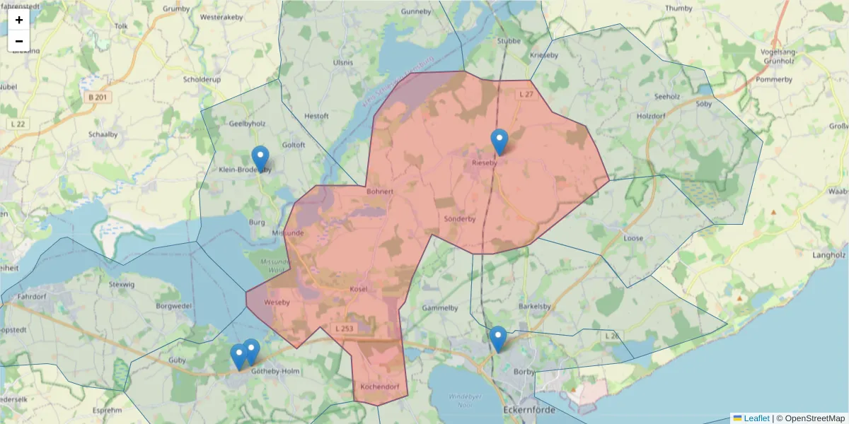 Karte des Postleitzahlen Bereichs  und der umliegenden Postleitzahlen in Deutschland