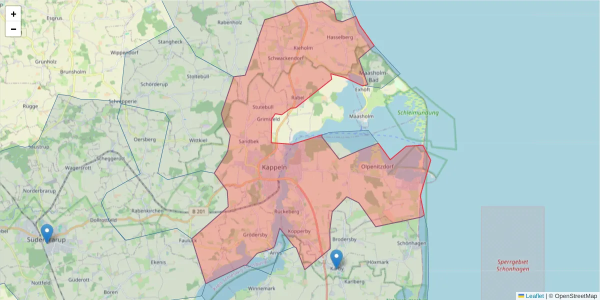 Karte des Postleitzahlen Bereichs  und der umliegenden Postleitzahlen in Deutschland