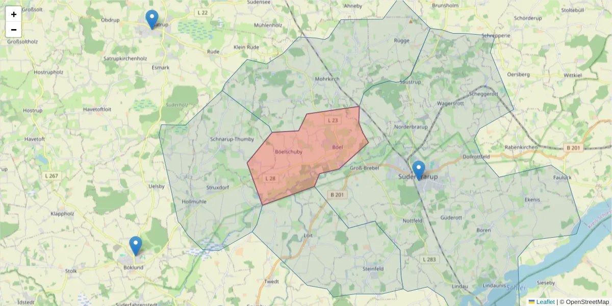 Karte des Postleitzahlen Bereichs  und der umliegenden Postleitzahlen in Deutschland