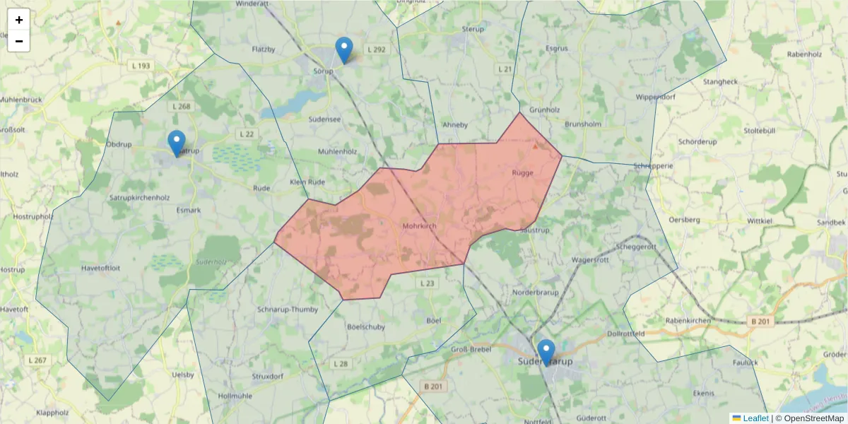 Karte des Postleitzahlen Bereichs  und der umliegenden Postleitzahlen in Deutschland