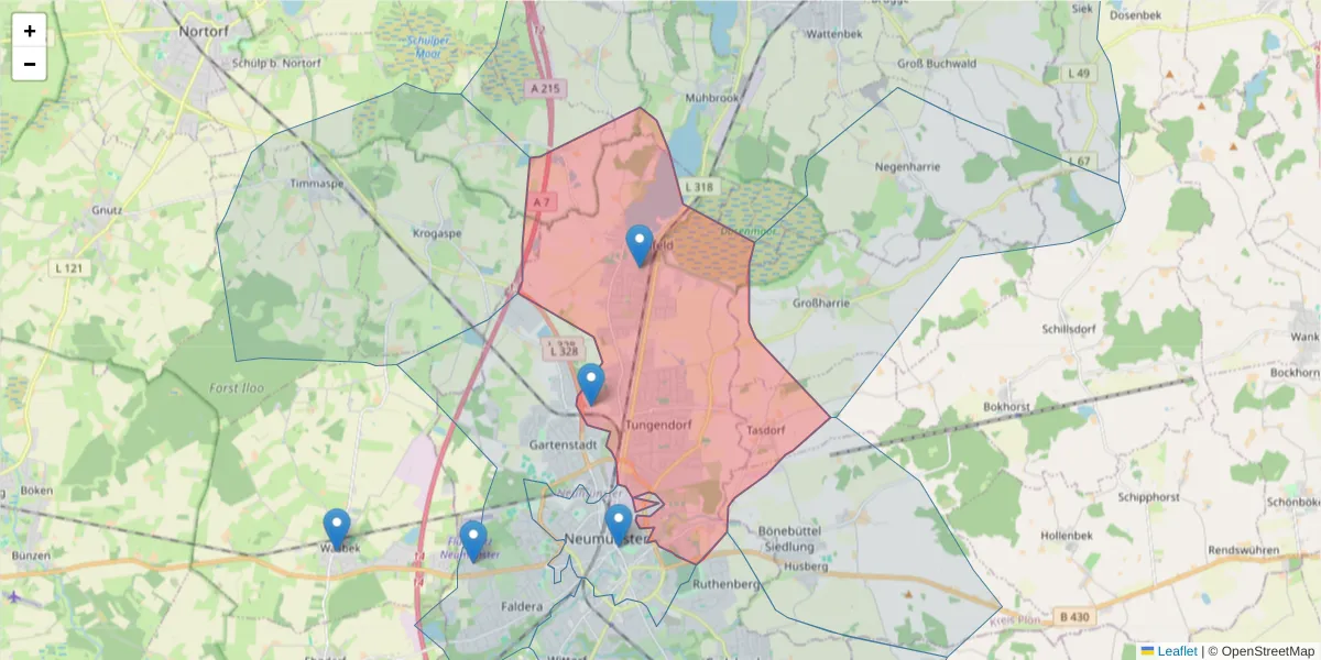 Karte des Postleitzahlen Bereichs  und der umliegenden Postleitzahlen in Deutschland
