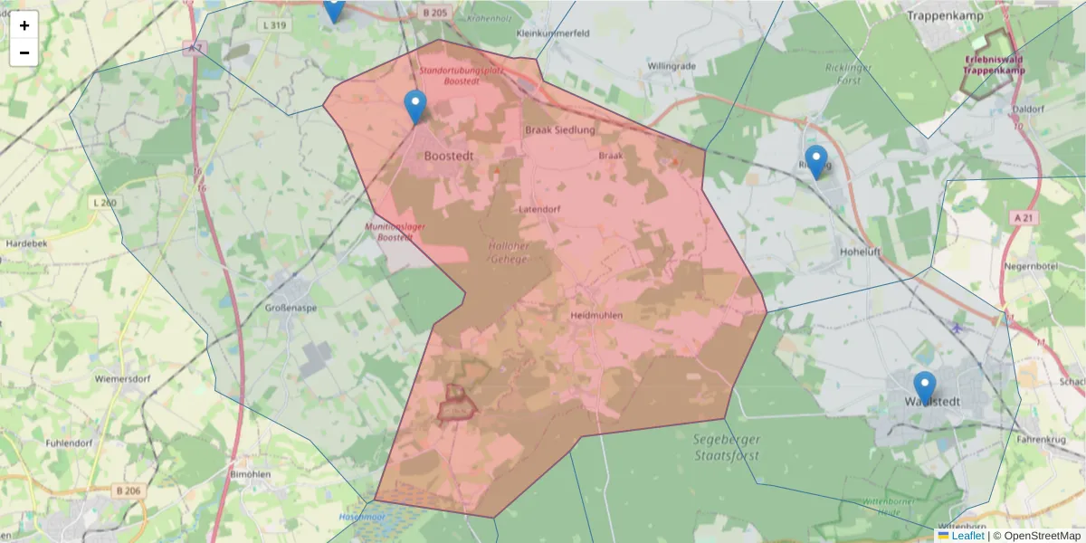 Karte des Postleitzahlen Bereichs  und der umliegenden Postleitzahlen in Deutschland