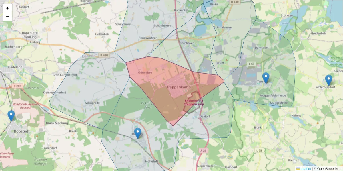 Karte des Postleitzahlen Bereichs  und der umliegenden Postleitzahlen in Deutschland