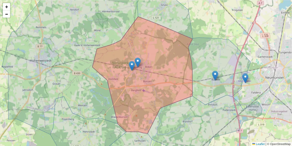 Karte des Postleitzahlen Bereichs  und der umliegenden Postleitzahlen in Deutschland