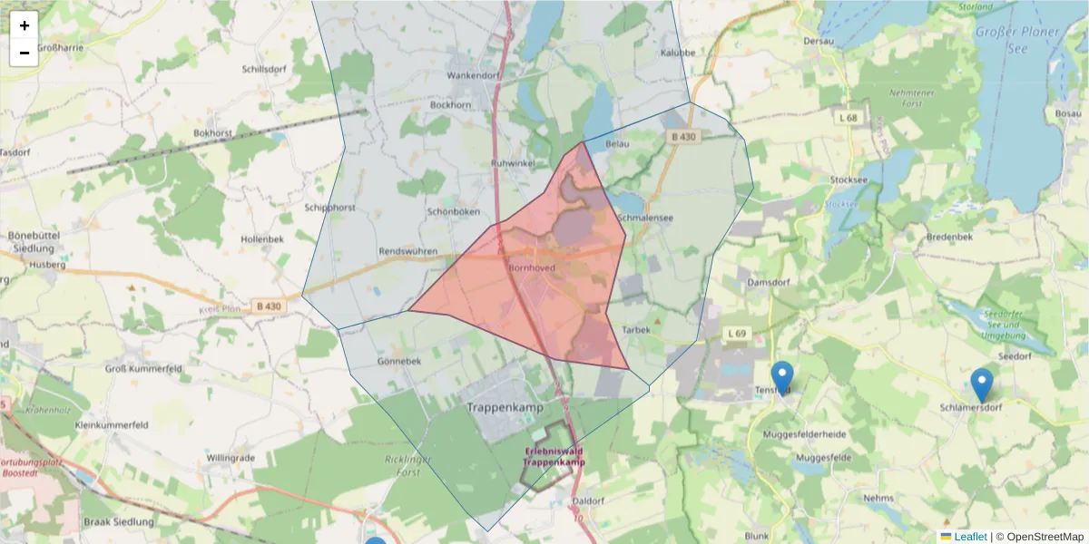 Karte des Postleitzahlen Bereichs  und der umliegenden Postleitzahlen in Deutschland
