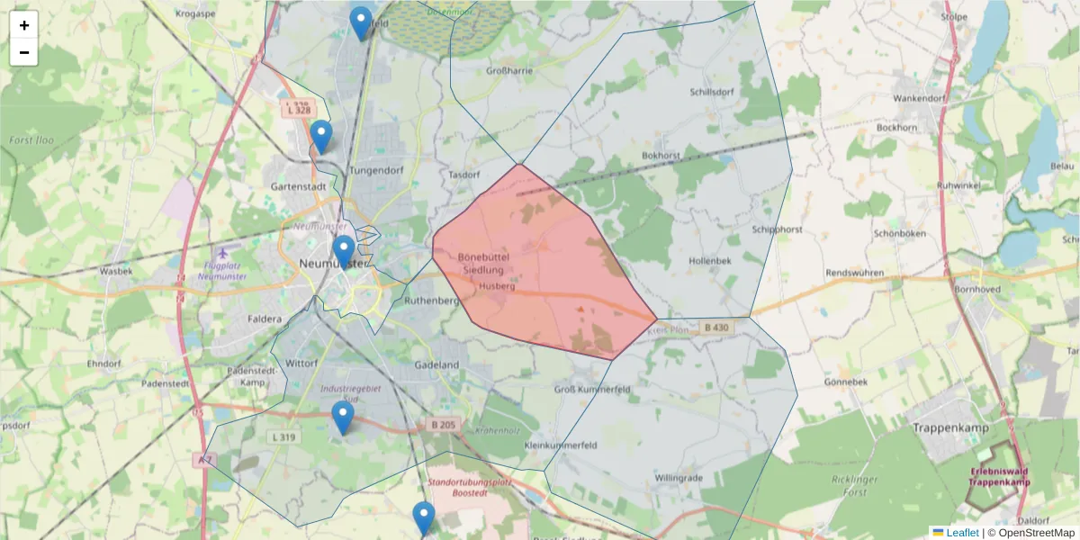 Karte des Postleitzahlen Bereichs  und der umliegenden Postleitzahlen in Deutschland