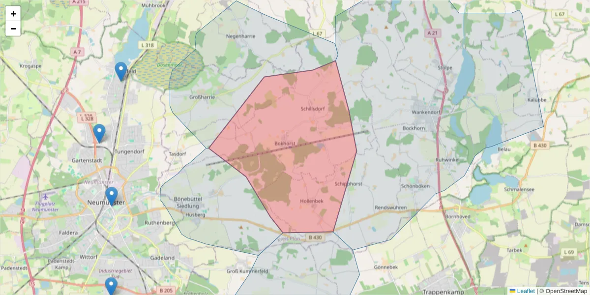 Karte des Postleitzahlen Bereichs  und der umliegenden Postleitzahlen in Deutschland