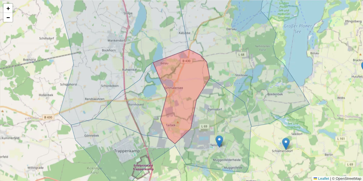 Karte des Postleitzahlen Bereichs  und der umliegenden Postleitzahlen in Deutschland