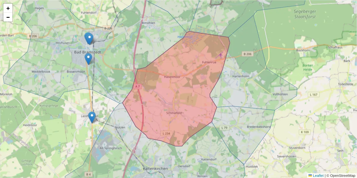 Karte des Postleitzahlen Bereichs  und der umliegenden Postleitzahlen in Deutschland