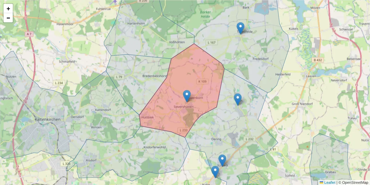 Karte des Postleitzahlen Bereichs  und der umliegenden Postleitzahlen in Deutschland