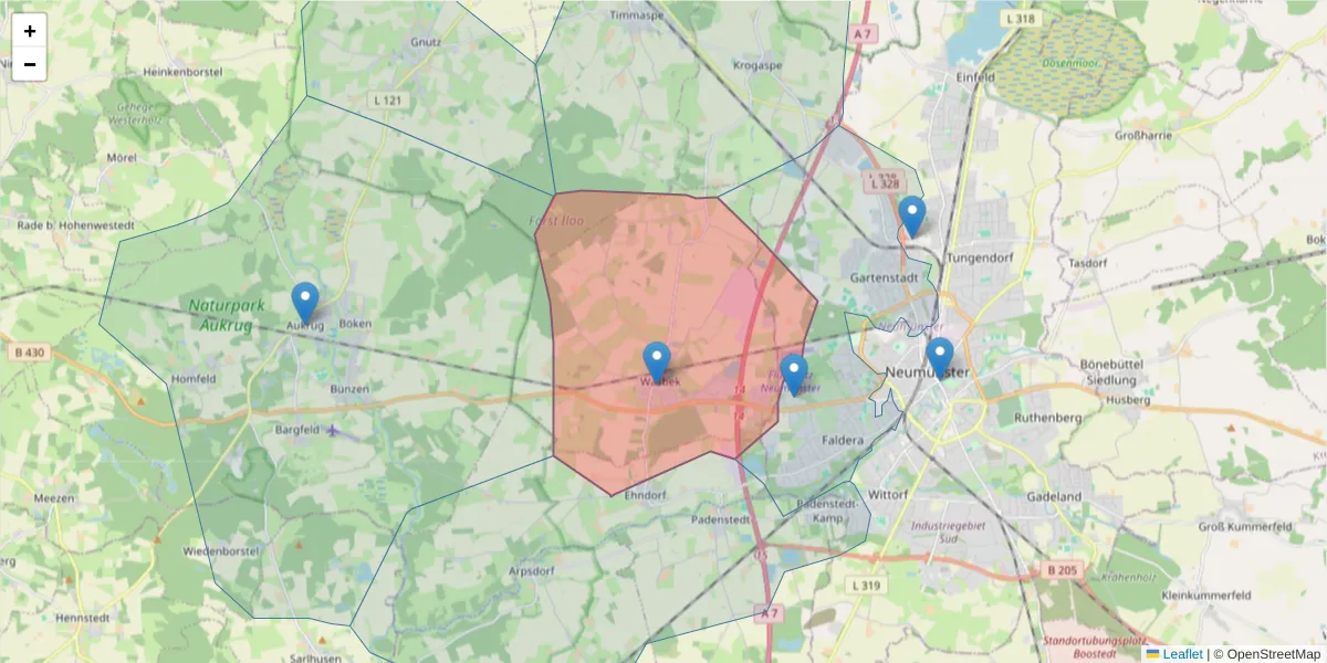 Karte des Postleitzahlen Bereichs  und der umliegenden Postleitzahlen in Deutschland