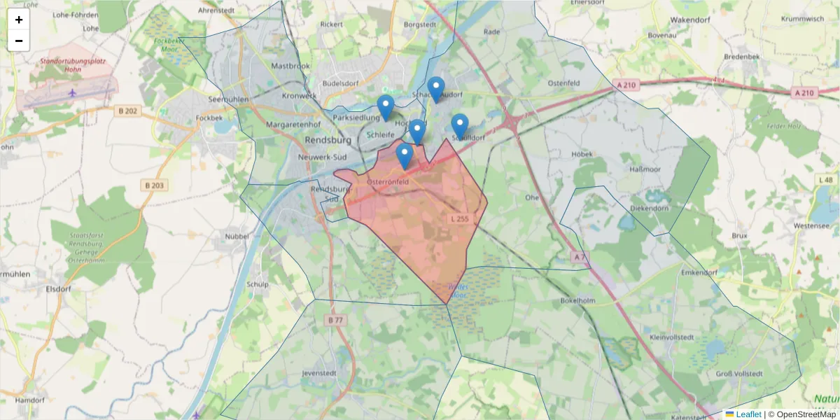 Karte des Postleitzahlen Bereichs  und der umliegenden Postleitzahlen in Deutschland