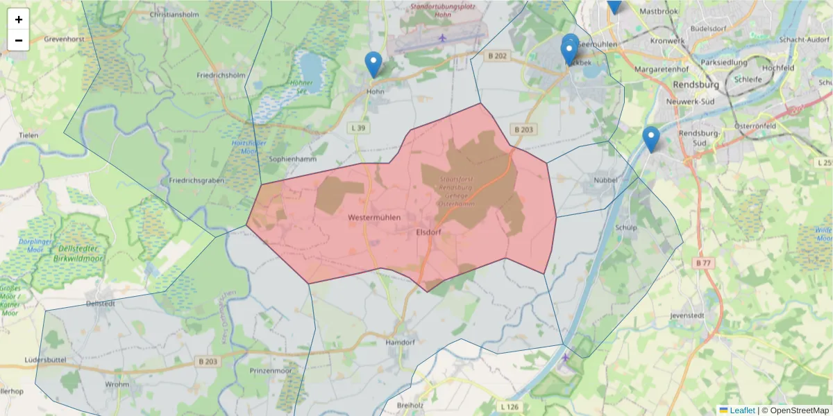 Karte des Postleitzahlen Bereichs  und der umliegenden Postleitzahlen in Deutschland