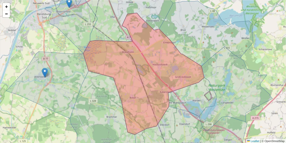 Karte des Postleitzahlen Bereichs  und der umliegenden Postleitzahlen in Deutschland