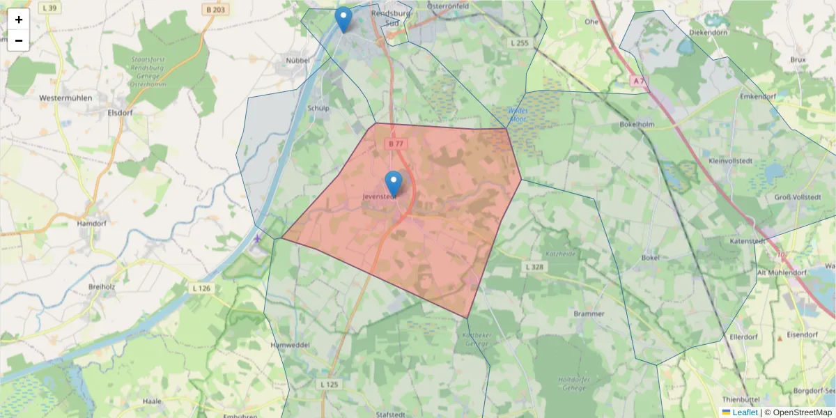 Karte des Postleitzahlen Bereichs  und der umliegenden Postleitzahlen in Deutschland