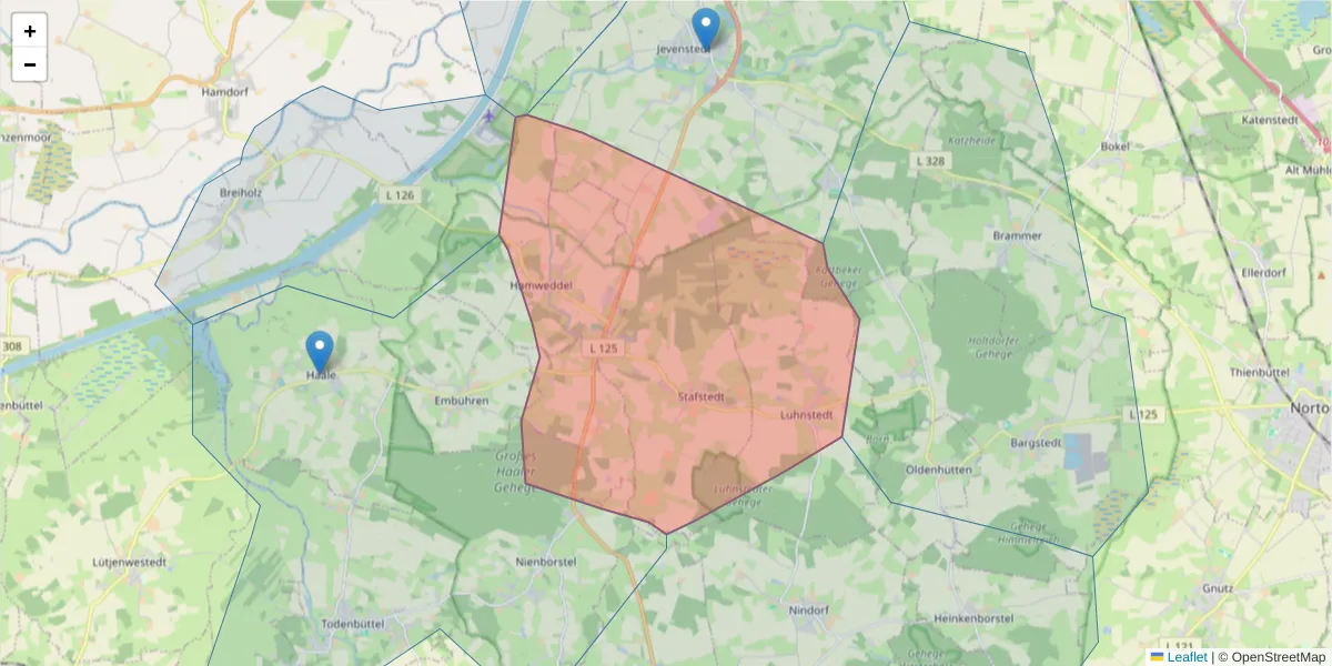 Karte des Postleitzahlen Bereichs  und der umliegenden Postleitzahlen in Deutschland