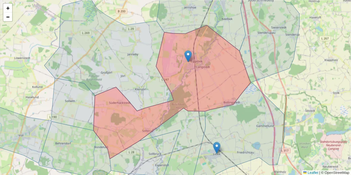 Karte des Postleitzahlen Bereichs  und der umliegenden Postleitzahlen in Deutschland
