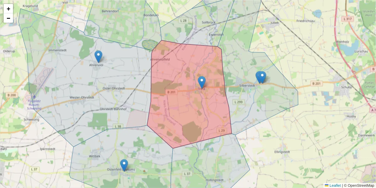 Karte des Postleitzahlen Bereichs  und der umliegenden Postleitzahlen in Deutschland