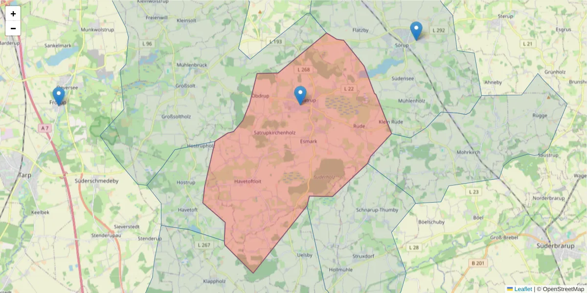 Karte des Postleitzahlen Bereichs  und der umliegenden Postleitzahlen in Deutschland