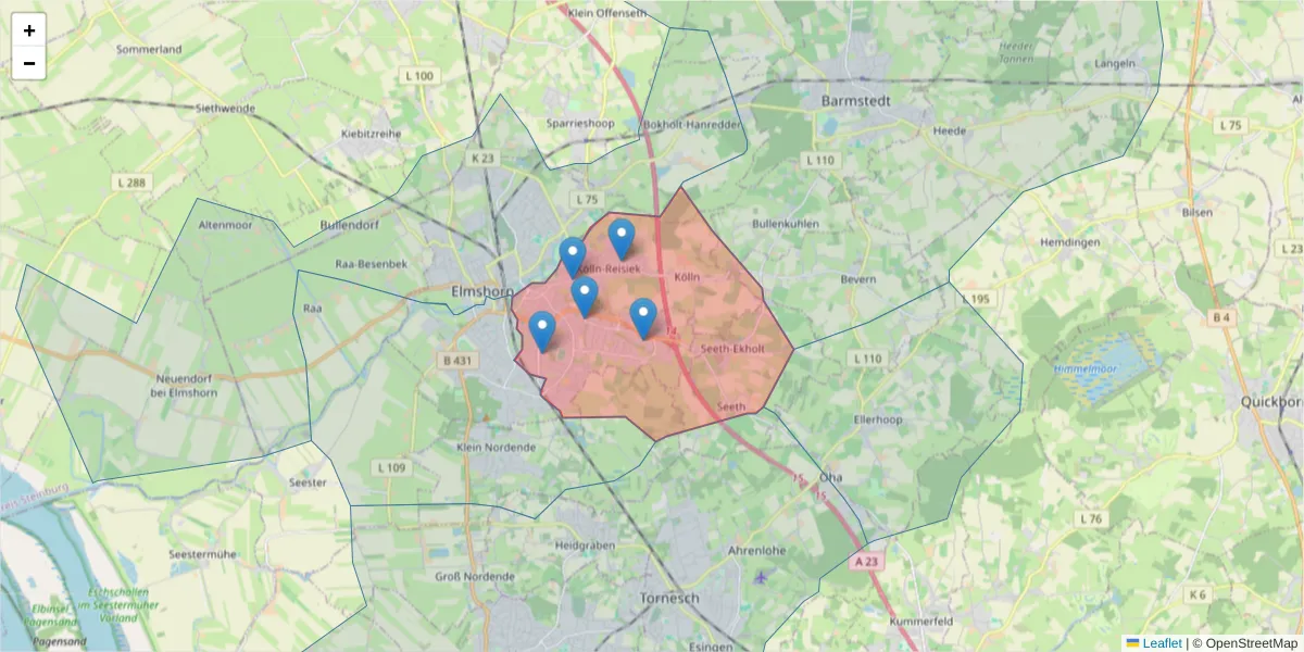 Karte des Postleitzahlen Bereichs  und der umliegenden Postleitzahlen in Deutschland
