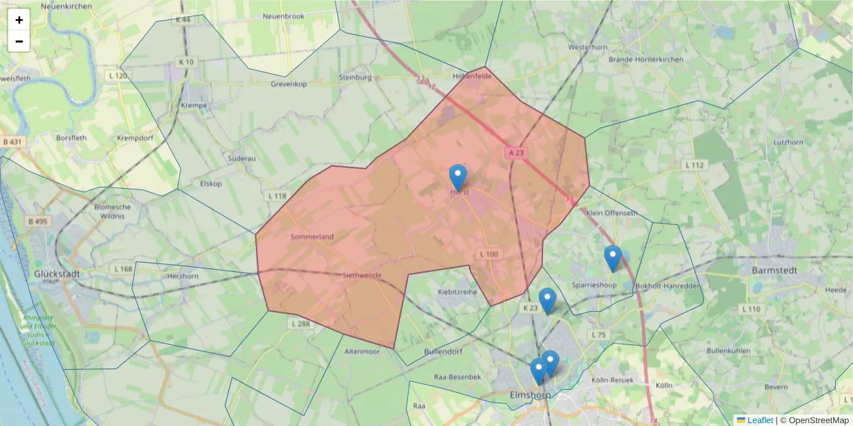 Karte des Postleitzahlen Bereichs  und der umliegenden Postleitzahlen in Deutschland